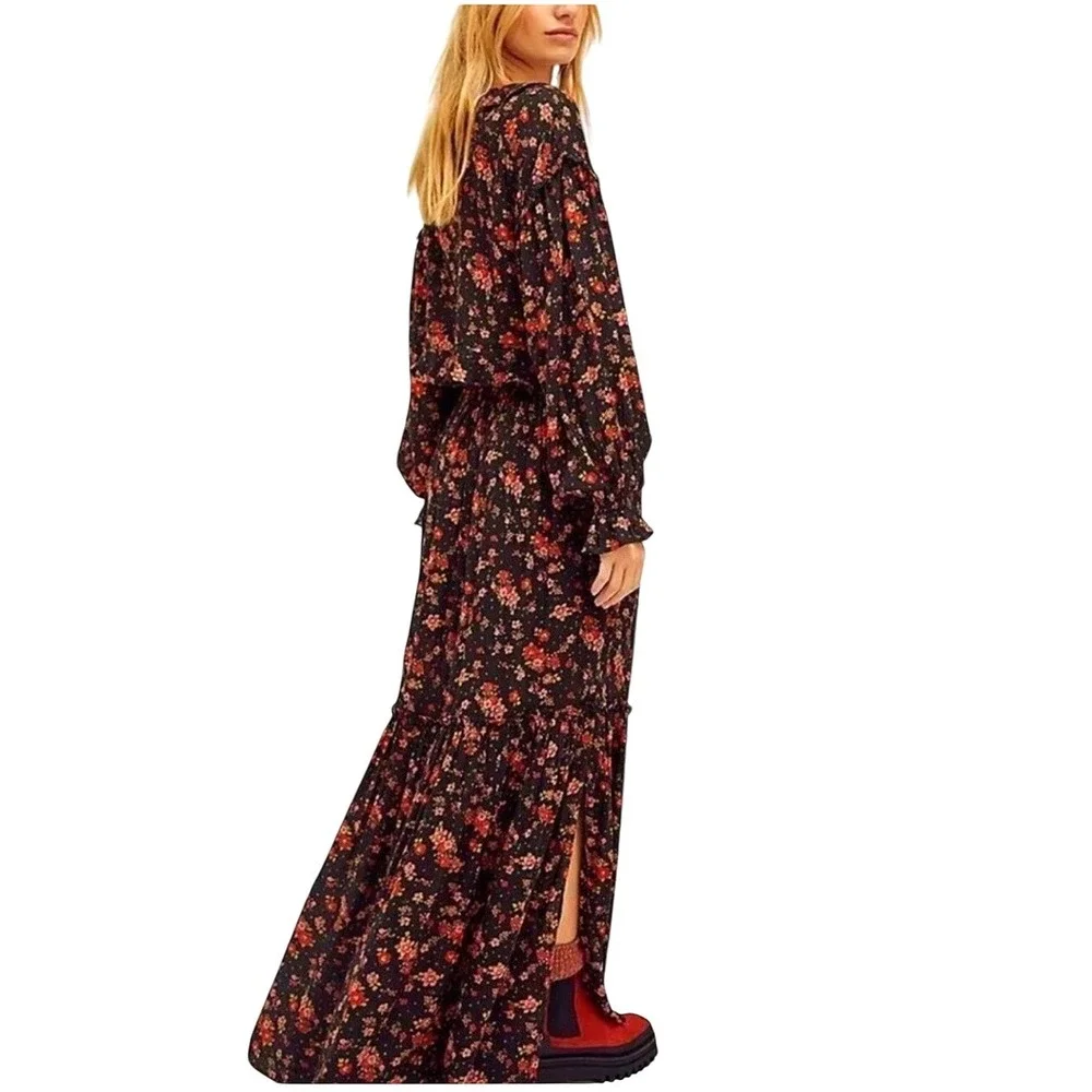 Free People Secret Garden Set Boho Black Floral Tiered Maxi Skirt Set Black S/M
